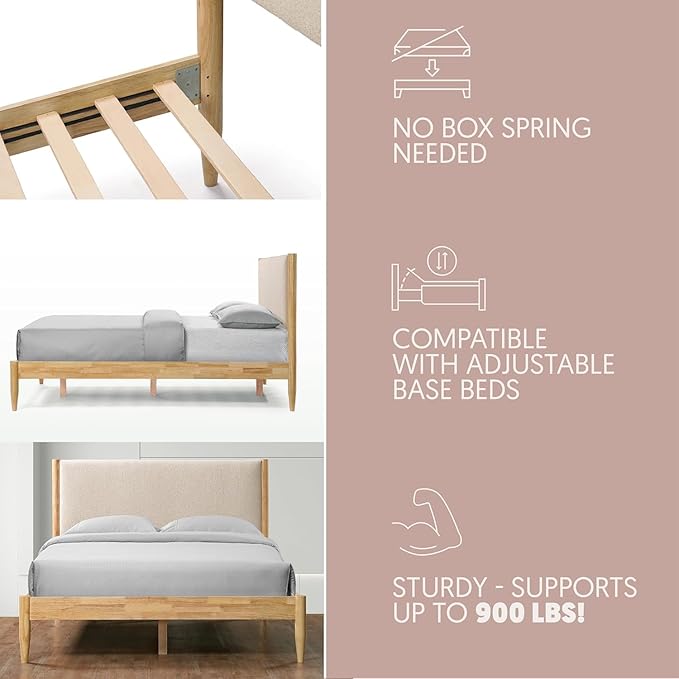 DG Casa Reign Boucle Mid-Century Modern Full Size Wooden Platform Bed Frame - Upholstered in Taupe Boucle - Solid Wood with Natural Finish