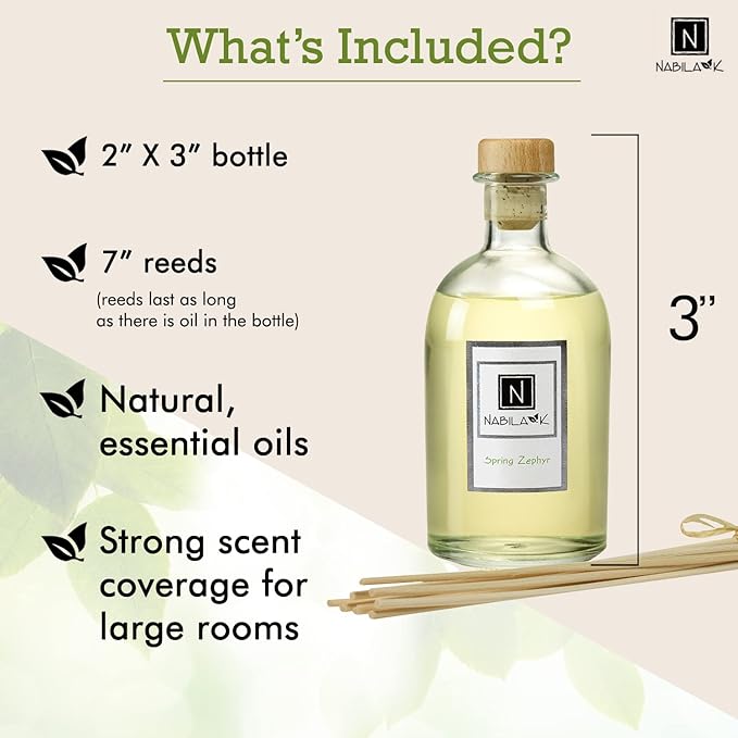 Nabila K Spring Zephyr Reed Diffuser Set – Light & Airy Aromatic Oil for Home – Long-Lasting, Smokeless Scent – Made in USA – Includes Reeds + Bottle – Flameless Candle Alternative