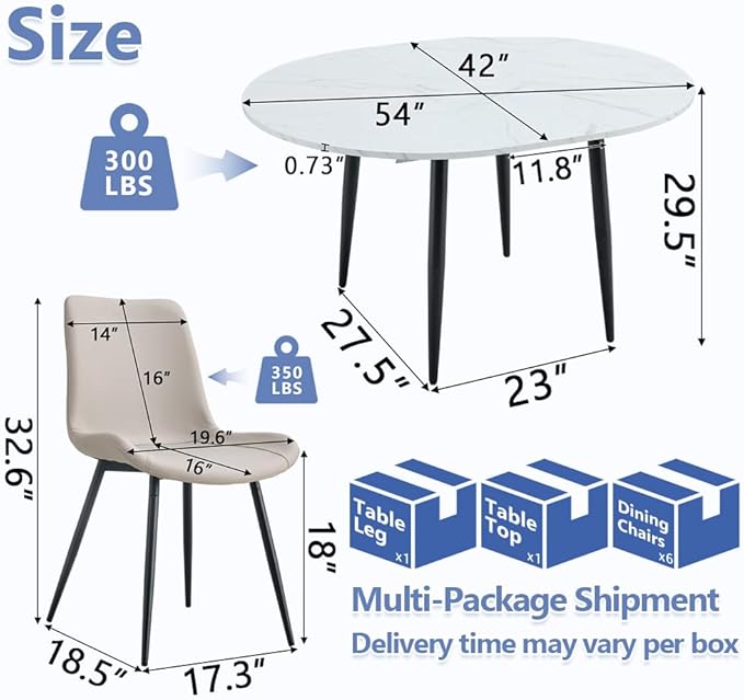 42"-54" Extendable Dining Room Table Set for 6, Round Dining Table Set for 6, White Kitchen Table with Upholstered Chairs Set of 6, 7 Piece Dining Table Set for Small Spaces, Easy Assembly