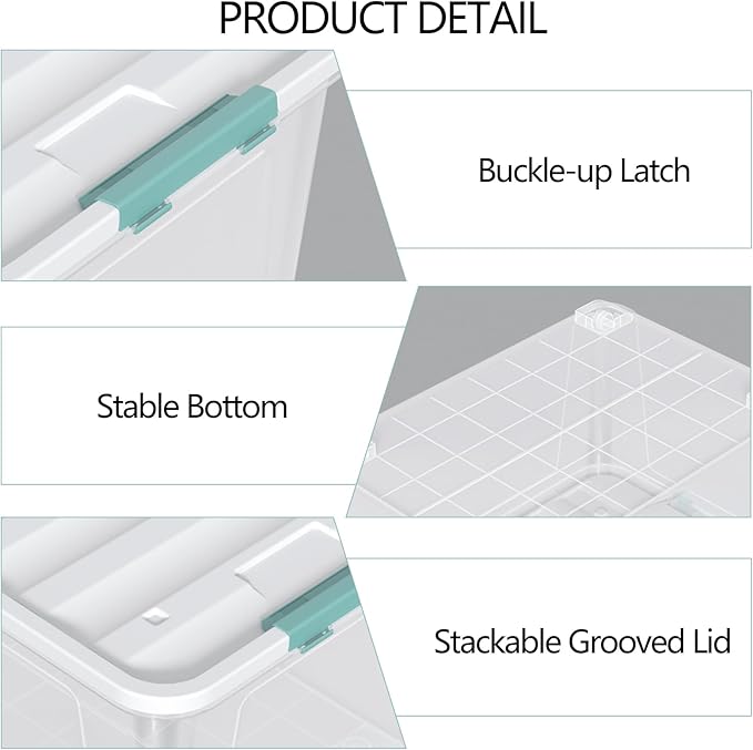 Zopnny 2-Pack Large Latching Box, 85 Quart Plastic Storage Bin with Lid, Stackable Totes w/Wheels, Clear