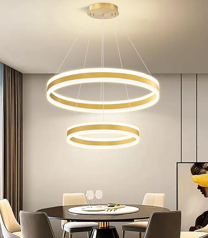 D15.7''+23.6'' Modern Ring Chandelier for Dining Room LED Dimmable Pendant Lighting for Living Room Foyer Bedroom Entryway 3000K-6000K Gold