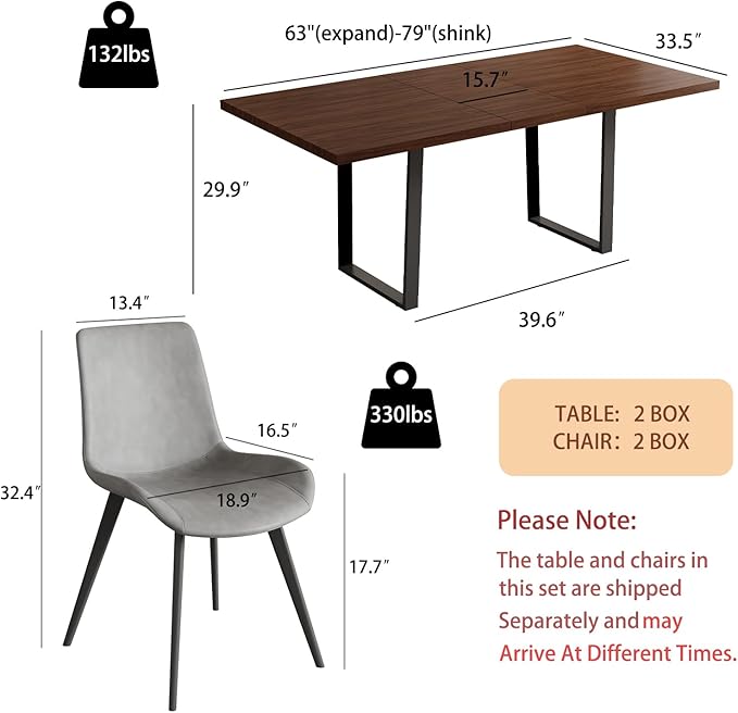 ZckyCine 63"-79" Modern Walnut Dining Table Set for 6 with 6 PU Leather Chairs, Extendable Wood Kitchen Table & Chair Set, Dining Room Furniture for Home, 6-Person Expandable Table