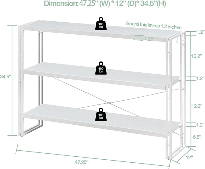 HCHQHS Bookshelf, 3-Tier Industrial Bookcase, White Open Book Shelf, Freestanding Horizontal Bookshelves with Metal Frame