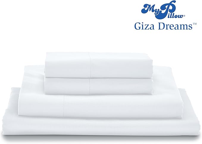 MyPillow Giza Dreams Bed Sheets, 100% Certified Giza Egyptian Cotton, Deep Pocket, Sateen Weave [Full, White]