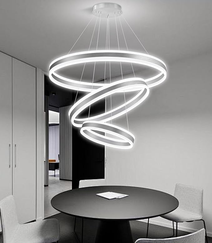 3 Ring D31.5 Modern LED Chandelier, Flush Mount Ceiling Lighting for Living Room, Adjustable Height Pendant Light for Staircase Foyer Dining Room Entryway Sliver