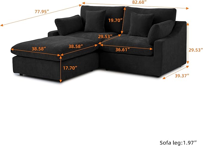 Cloud Couch Modular Sectional Sofa,82.68" L Shaped Couch,Down Filled Convertible Wide Seater, 2 Seater+Ottoman for Living Room Set,Covers Washable&Replaceable,Black