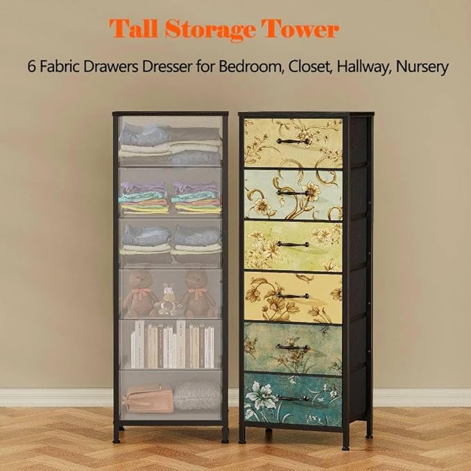 Furnulem Tall 6 Drawers Dresser, Vintage Storage Organizer Unit with Fabric Bins for Bedroom, Living Room, Closet, Nusery, Dorm, Entryway, Bedside Furniture, Sturdy Metal Frame, Wood Top