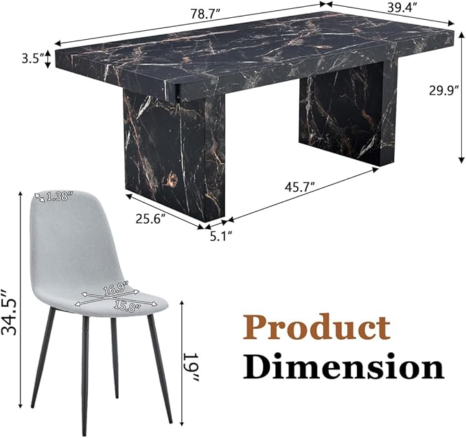 Faux Marble Dining Table Set for 6 (79 Inches Oversized Dining Room Table Set) (3.5'' Thick TOP) ('H' Sturdy Base) Kitchen Table and Ergonomic Dining Chair 6 for Dining Room Living Room, Black