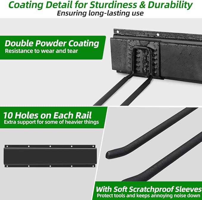 Garage Organization, Garage Wall Organizer with 48 inches Rails and 6 Hooks, Tool Organizers Heavy Duty, Shovel Holder Wall Mount Max Load 360 LBS, Sturdy Garden Tool Rack for Folding Chairs