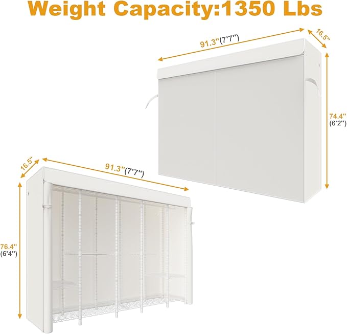 H50C Extra Large Clothes Rack with Cover, Freestanding Portable Closet, Covered Clothing Racks for Hanging Clothes, Heavy Duty Garment Rack, Wardrobe Closet with White Cover Max Load 1350 Lbs