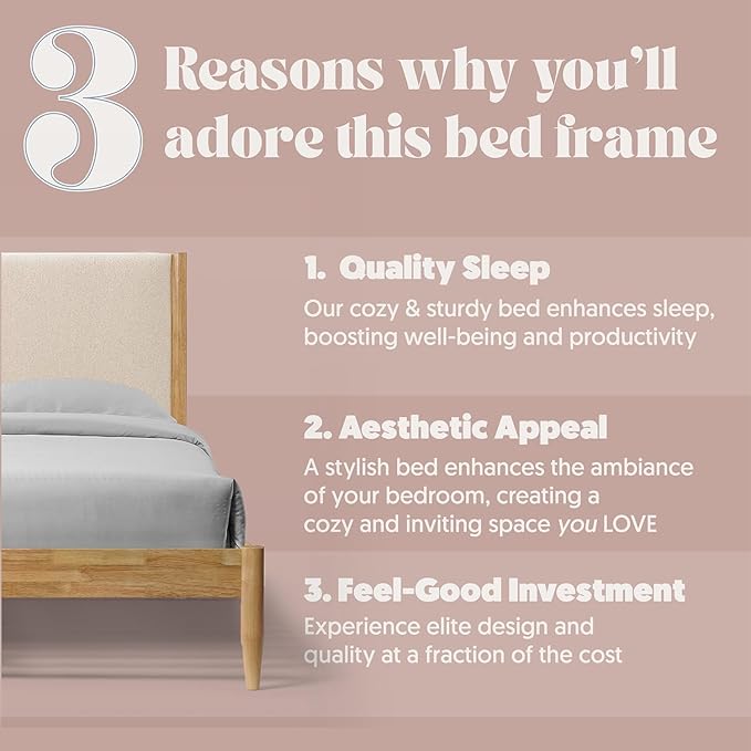 DG Casa Reign Boucle Mid-Century Modern King Size Wooden Platform Bed Frame - Upholstered in Taupe Boucle - Solid Wood with Natural Finish