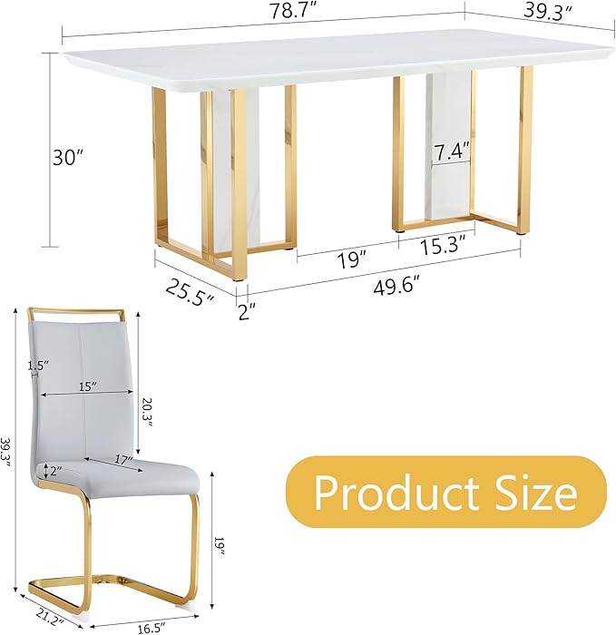 JUFU Dining Room Table Set for 8, 79'' White Faux Marble Dining Room Table and Chairs, Dining Tables for 8 with PU Upholstered Chairs, Modern Dining Table for 8, Ideal for Dining Room and Kitchen