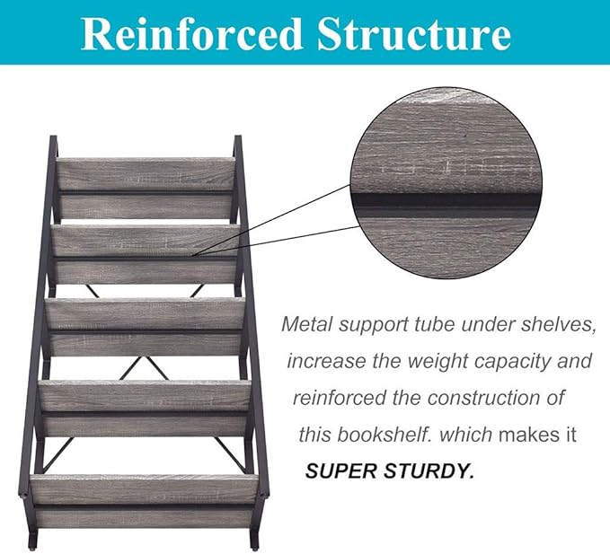 BON AUGURE Industrial Bookshelf, Etagere Bookcases and Book Shelves 5 Tier, Rustic Wood and Metal Shelving Unit (Dark Gray Oak)