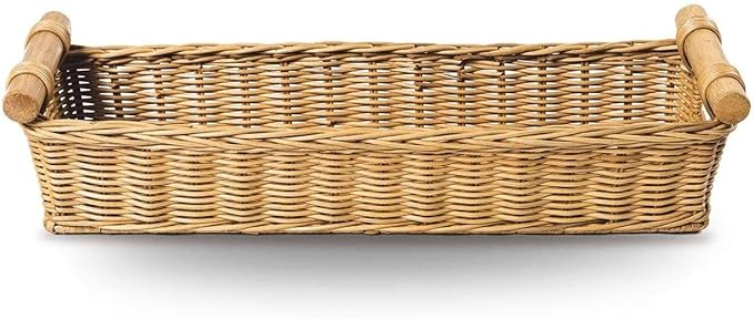 The Basket Lady Long Narrow Pole Handle Wicker Basket, Small, 17 in L x 5 in W x 5.25 in H, Sandstone