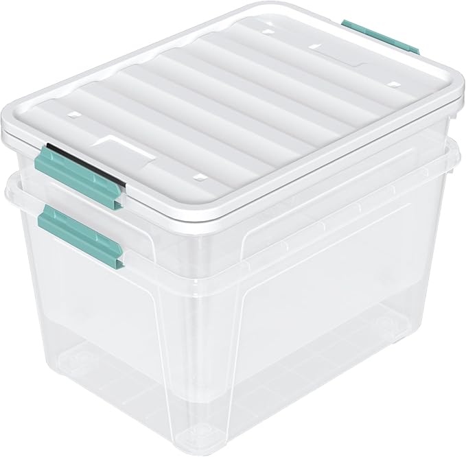 Zopnny 2-Pack Large Latching Box, 85 Quart Plastic Storage Bin with Lid, Stackable Totes w/Wheels, Clear