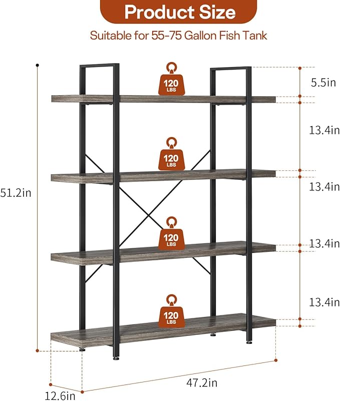 4-Tier Industrial Bookcase, 47 Inch Wide Wood Bookshelf, 120lbs Shelf Capacity, Rustic Open Shelving Heavy Duty Display with Reinforced Horizontal Grey Shelves for Living Room Bedroom Office