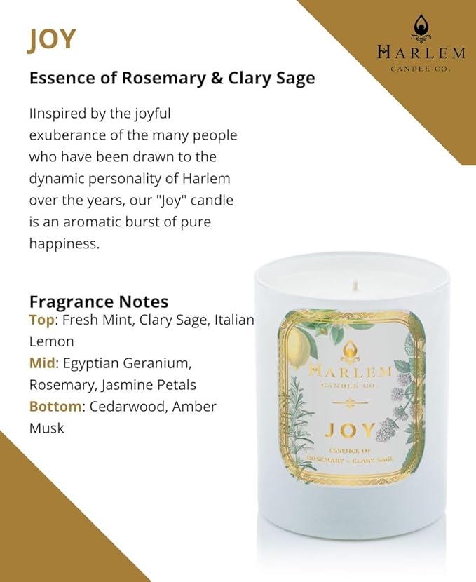 HARLEM CANDLE CO. - Joy - Luxury Scented Soy Candle, 11 oz - 80-Hour Burn Time | Fresh Mint, Italian Lemon, Rosemary, Jasmine Petals, Cedarwood, Amber Musk | Scented Candles for Home