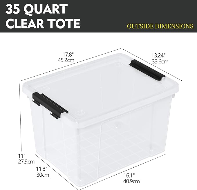 4-Pack Plastic Storage Bins with Lid, Latching Stackable Utility Tote, 35 Quart, Clear
