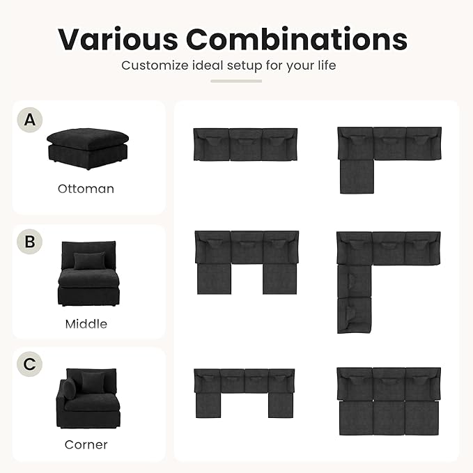Cloud Couch Modular Sectional Sofa,160" U Shaped Couch, Convertible Wide Seater with Ottoman, 8 Seater for Living Room Set,Covers Washable&Replaceable,Black
