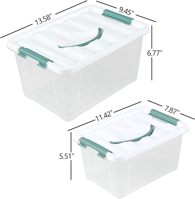 Clear Storage Latch Box/Bin, 2-Pack Plastic Organizing Container with Handle and Lids (14 QT & 7QT)
