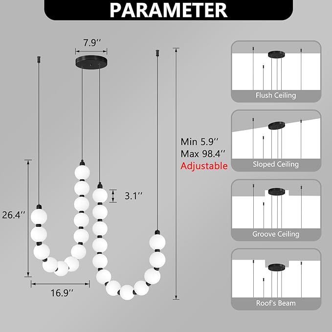 Modern Chandeliers LED Dimmable Light Acrylic Balls Ceiling Pendant Lighting for Dining Room Living Room Bedroom Adjustable Hanging Lights 45 Watts Black Lamp