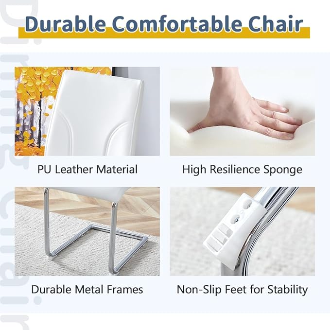 FURNITO Modern Dining Table Set for 6, Kitchen Table and Chairs for 6,71 in Glass Dining Table with 6 PU Leather Dining Chairs for Kitchen Dining Room（White Table+6 White Chair）