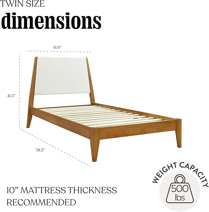 DG Casa Vandermark Solid Wood Easy Install Twin Bed Frame with Unique Headboard and Wooden Slat Support Included No Box Spring Required - Beige Walnut