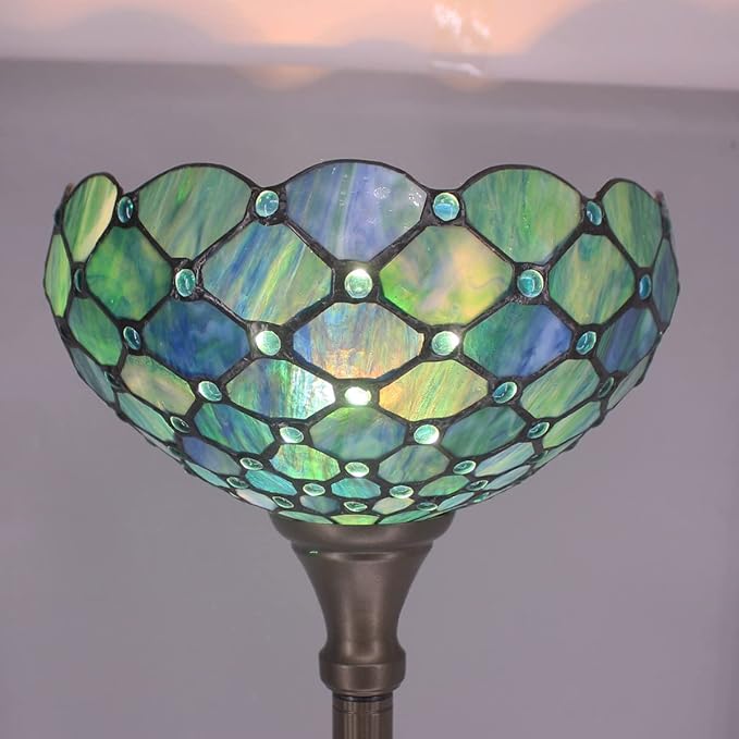 Tiffany Floor Lamp Torchiere Stained Glass Torch Lamp 12X12X67 Inch Antique Standing Corner Light (Sea Blue Pearl)