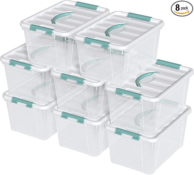 14 Quart Stackable Storage Bin with Latching Lid, Plastic Container Box to Organize Office, Crafts, Clear Base and White Lid, 8-Pack
