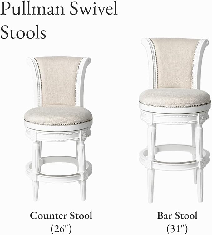 Maven Lane Pullman Counter Stool 26 Inches – Set of 4 – Swivel Stools with Footrest – White Solid Wood Frame & Natural Fabric Upholstery – Perfect for Kitchen Islands & Counters