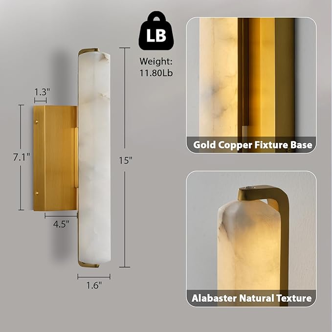 Alabaster Wall Sconces, 15" Brass Alabaster Sconce, Spanish Natural Marble Wall Sconce Lamp Indoor, Rectangle Modern Sconces Lighting for Bathroom Living Room Bedroom Stairs Hallway