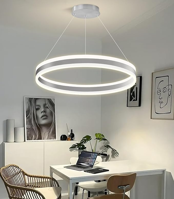 D23.6'' Modern Ring Chandelier for Dining Room LED Dimmable Pendant Lighting High Ceiling Chandelier for Living Room Foyer Bedroom Entryway 3000K-6000K Silver