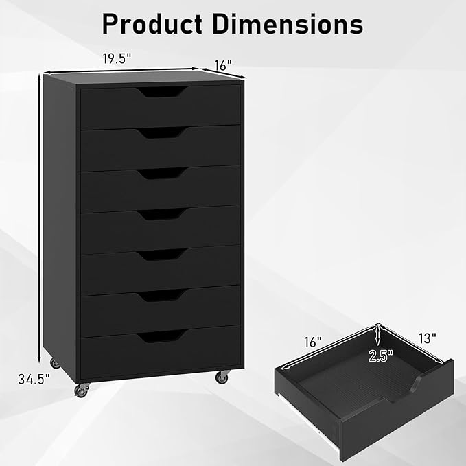 LOKO 7-Drawer Storage Cabinet, Versatile Drawer of Chest with Lockable Wheels, Mobile Office Lateral File Cabinet, for Home Office, Study (Black, 16" D x 19.5" W x 34.5" H)