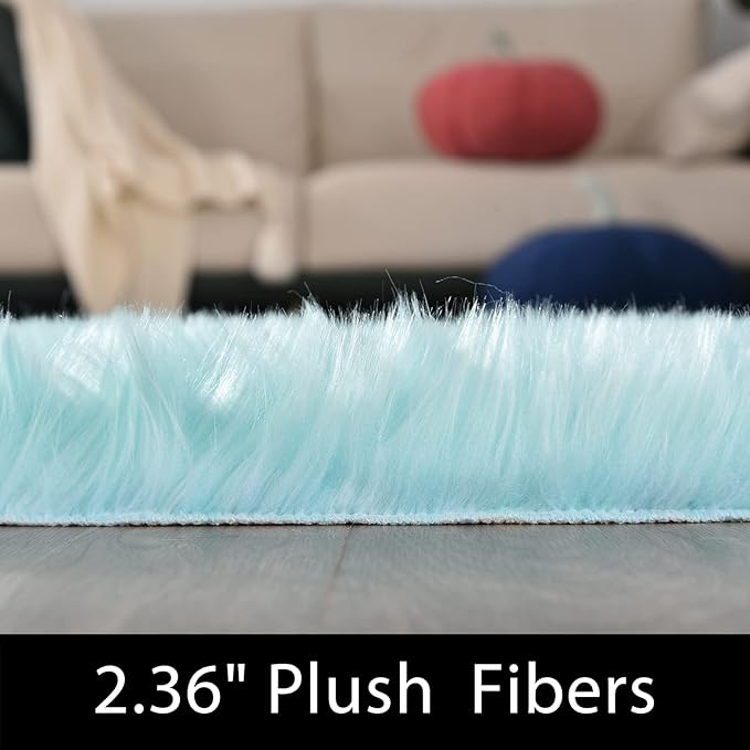 Latepis Blue Runner 2x5 Faux Sheepskin Rug Washable Fur Rug Living Room Carpet Plush Soft Rugs for Bedroom Office Fluffy Shag Rugs Room Decor Runner