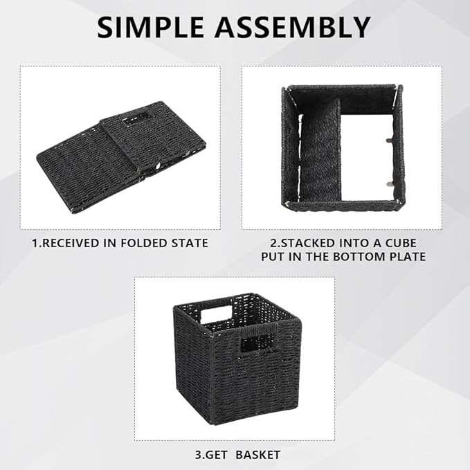 6 Pack 8.7 Inch Wicker Baskets, Hand Woven Paper Rope Storage Baskets, Foldable Cube Storage Bins Organizer Square Wicker Cubes for Shelves Pantry Organizing & Decor (Black)