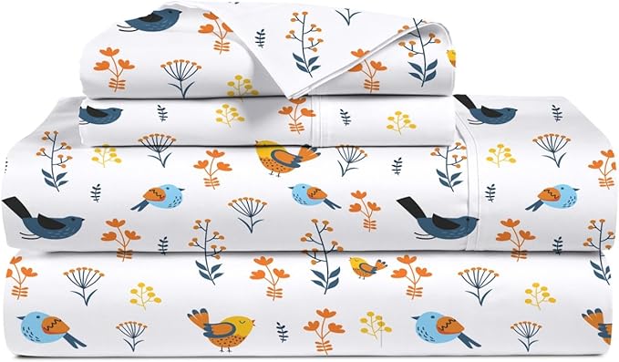 100% Egyptian Cotton Full Size 1000 Thread Count Sheet Set Bird Printed Cotton Bedsheet Set 16" Deep Pockets Breathable Super Soft Comfy All Season Bedding Sheet Set
