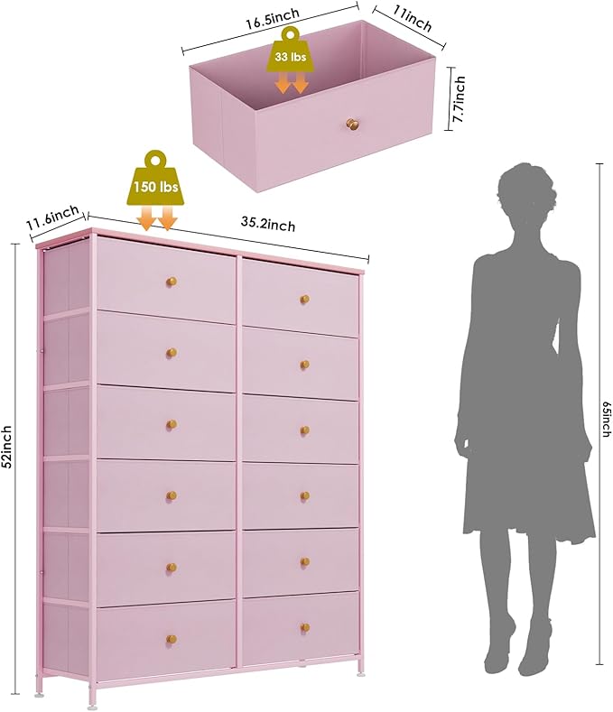 Arlopu 12-Drawer Dresser, 35.2’‘ Widened 6-Layer Fabric Storage Tower w/Textured Print Fabric Bins, Tall Chest Organizer Unit for Living Room, Hallway, Nursery, Closets, Adjustable Feetpad