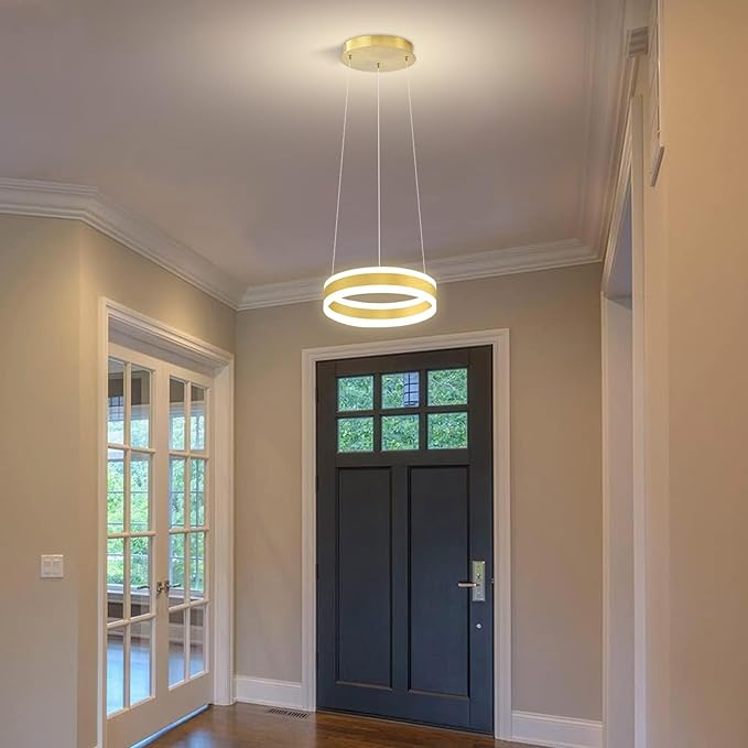 D7.8'' Modern Ring Chandelier for Dining Room LED Dimmable Pendant Lighting High Ceiling Chandelier for Living Room Foyer Bedroom Entryway 3000K-6000K Gold