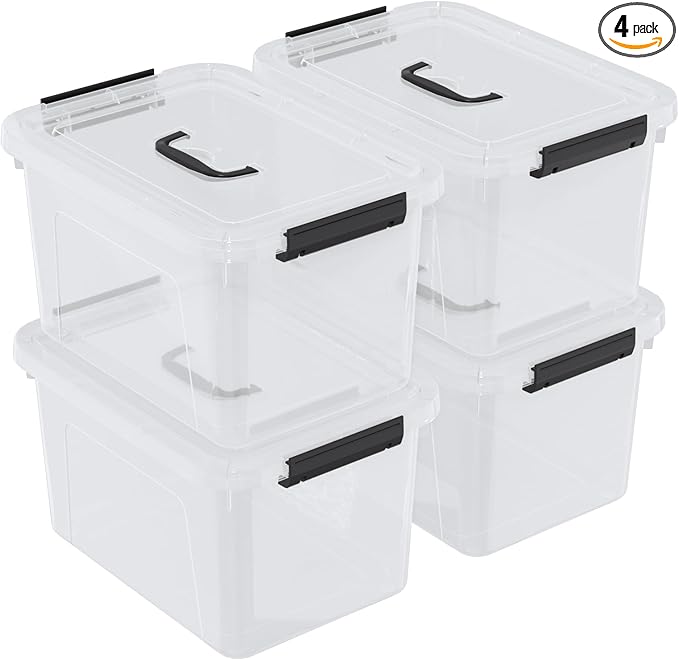 17.5 L Clear Plastic Storage Bin with Handle, Latching Storage Box with Lid, 4 Packs