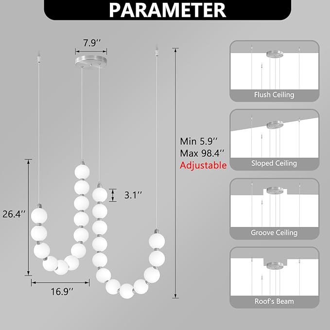Modern Chandeliers LED Dimmable Light Acrylic Balls Ceiling Pendant Lighting for Dining Room Living Room Bedroom Adjustable Hanging Lights 45 Watts Silver Lamp