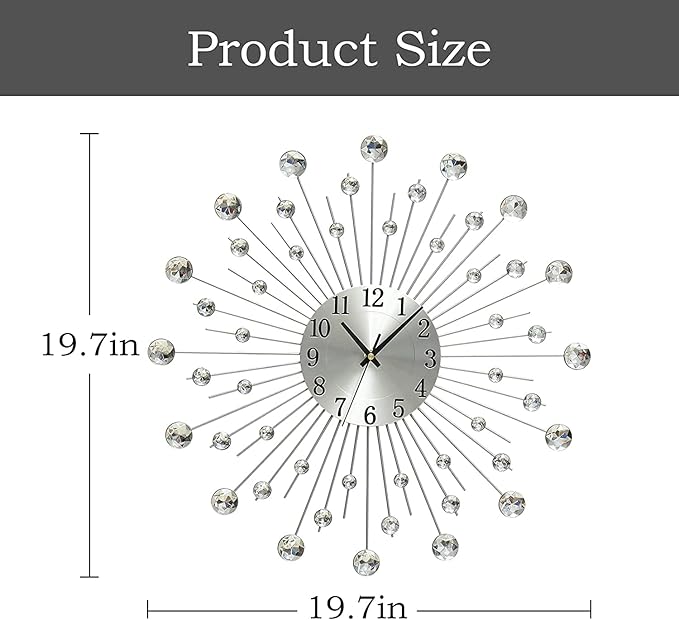 19.7 Inch Large Wall Clock for Living Room Decor, Non-Ticking Quiet Modern Metal Starburst Bling Silver Crystal Wall Clocks Decor for Bedrooms Kitchen Decorative