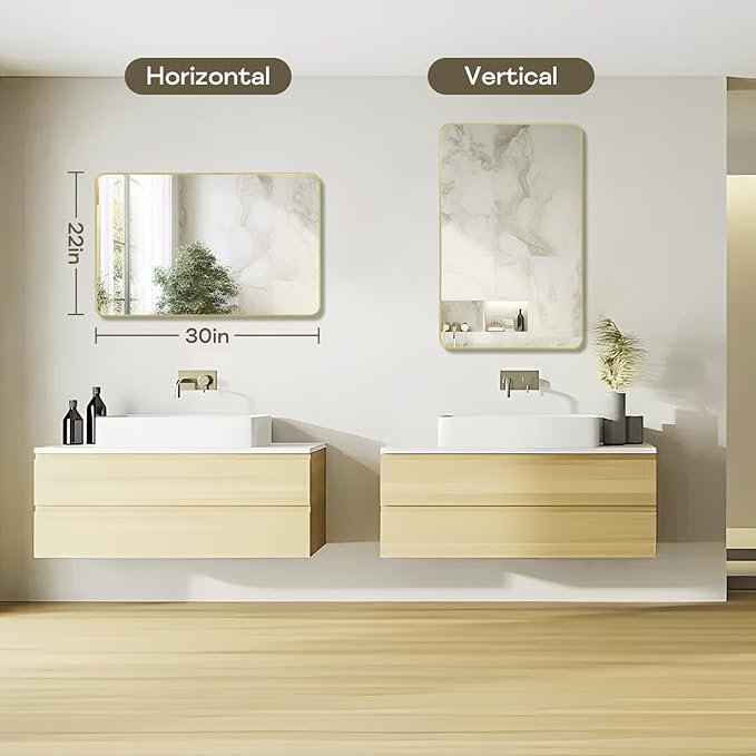 Gold Framed Bathroom Mirror, Brushed Gold Bathroom Vanity Wall Mirror, Rounded Rectangle Gold Frame Mirror, Tempered Glass, Anti-Rust, Hangs Horizontally or Vertically (22" x 30", Gold)