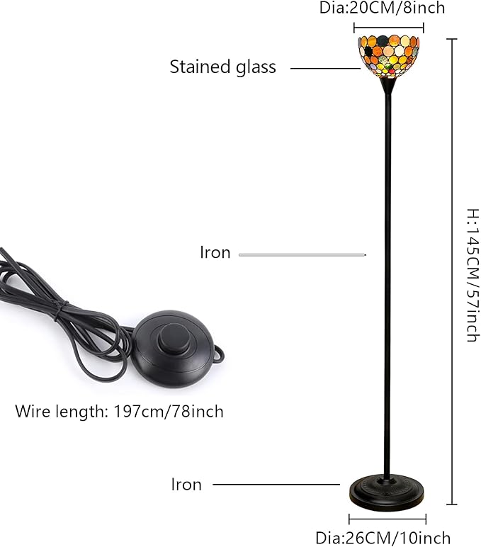 Tiffany Floor Lamp Tochiere Standing Multicolored Stained Glass Floor Light Vintage Tall Pole Uplight Lamp Rustic Corner Lamp with Foot Switch for Home Decor Living Room Bedroom