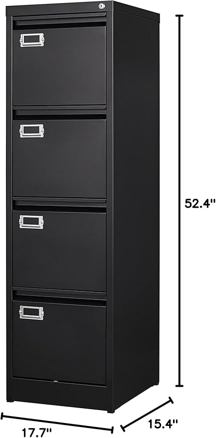 4 Drawer File Cabinet with Lock Metal Vertical File Cabinet Office Home Vertical File Cabinet for A4 Legal/Letter Size Narrow File Cabinet Locked,Assembly Required (Black, 4 Drawers- Vertical)