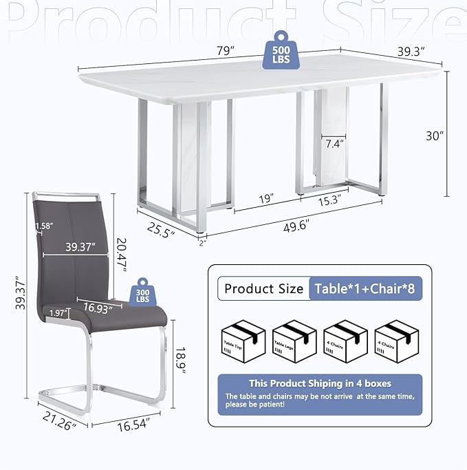 JUFU Dining Table Set for 8, Big Kitchen & Dining Room Sets with 79'' Faux Marble Tabletop and Sturdy Leg, White Rectangle Dinner Set for 8 with PU Chairs, Ideal for Dining Room and Kitchen