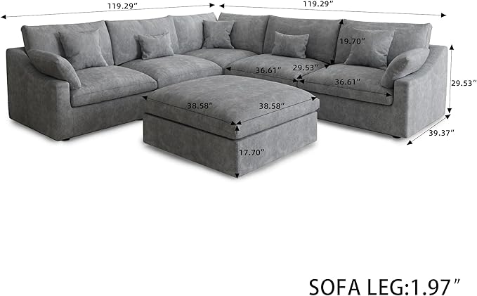 Modular Sectional Sofa Couch, 119.29" V Shaped Modular Couch with Ottoman, Down Filled Convertible Sofa for Living Room, 6 Seat Wide Couches,Cushion Covers Removable,Gray