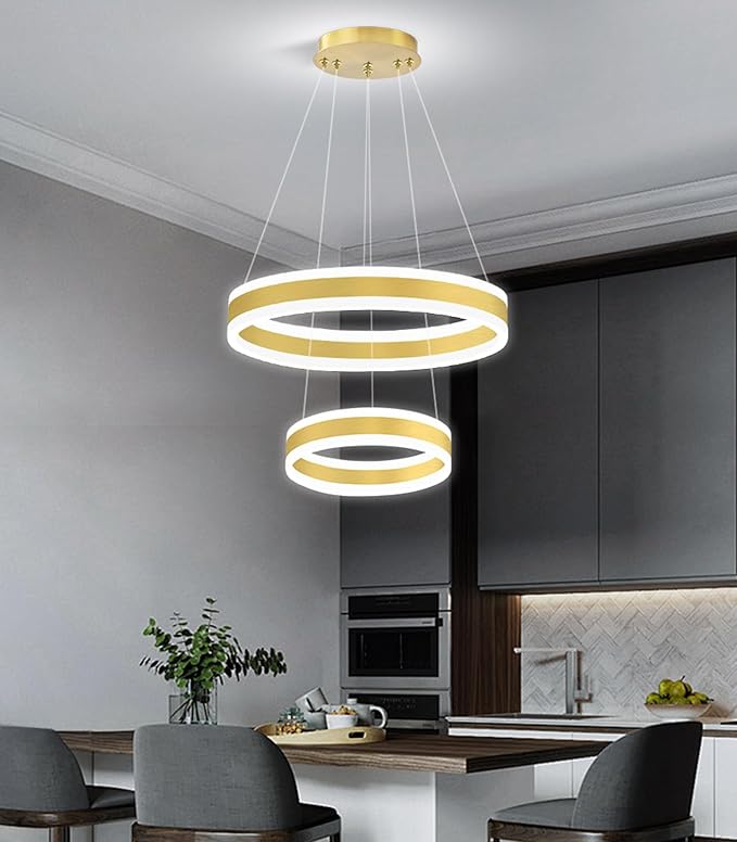D7.8''+15.7'' Modern Ring Chandelier for Dining Room LED Dimmable Pendant Lighting for Living Room Foyer Bedroom Entryway 3000K-6000K Gold