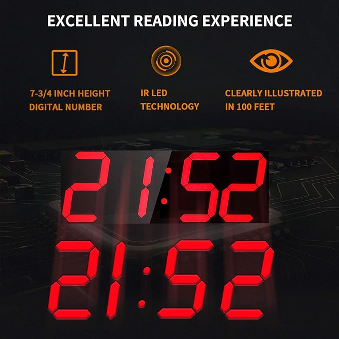 Goetland 18 inch Oversized Digital Wall Clock LED Modern Large Display Temperaturer Multi Functional Remote Control 4-Digit for Kitchen Office Living Room Classroom Single Red
