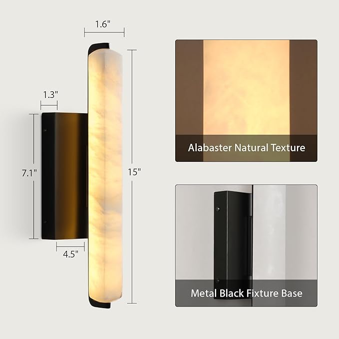 Alabaster Wall Sconces, 15" Black Alabaster Sconce, Spanish Natural Marble Wall Sconce Lamp Indoor, Rectangle Modern Sconces Lighting for Bathroom Living Room Bedroom Stairs Hallway