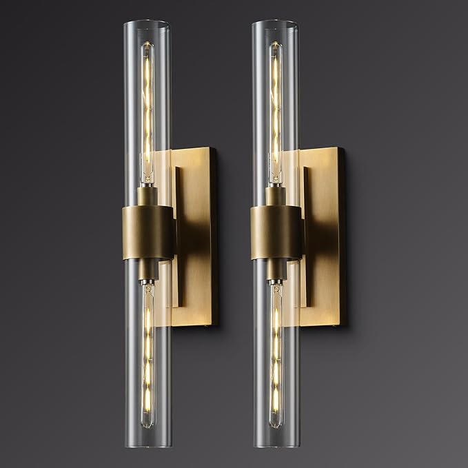 Brass Wall Sconce Set of Two, Gold Bathroom Wall Sconce Vanity Light Over Mirror, 22.8" Gold Sconce with Glass Tube, Horizontal or Vertical Linear Sconce Wall Lighting for Living Room, Bedroom